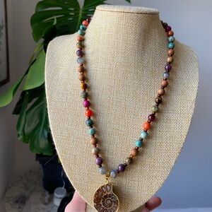 Multicolor Crystal Necklace with Ammonite Pendant